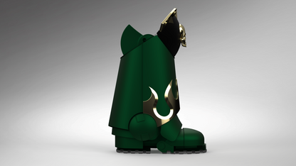 A stylized 3D-rendered green robot or mechanical character shown in side profile on a smooth gray gradient background. The figure has dark green body panels, black lower sections and boots, and metallic gold accents on the head and side.