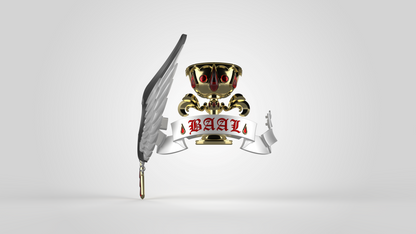 A gold skull with red eyes, a wing, and a ribbon reading “BAAL” dripping blood, set against a plain white background. This striking emblem draws inspiration from the V.10 Crimson Celestials V.1 Shoulder Detail (3D Print | Files Only), featuring dramatic elements reminiscent of the original motif.