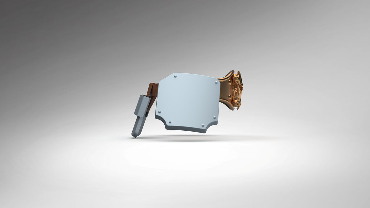 A 3D-rendered mechanical component or hardware part with a large pale blue rectangular plate, a copper-toned side attachment, and a gray protruding piece, shown on a clean gray gradient background.