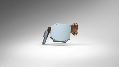A 3D-rendered mechanical component or hardware part with a large pale blue rectangular plate, a copper-toned side attachment, and a gray protruding piece, shown on a clean gray gradient background.