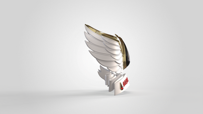 A sleek and stylized white wing sculpture with striking gold accents—echoing the design of the V.10 Crimson Celestials V.2 Shoulder Detail (3D Print | Files Only)—stands upright on a white surface, featuring the word SOAR in bold red at its base. Set against a plain light gray background, this digital download is perfect for collectors or fans of Galactic Warriors 3D printable art.