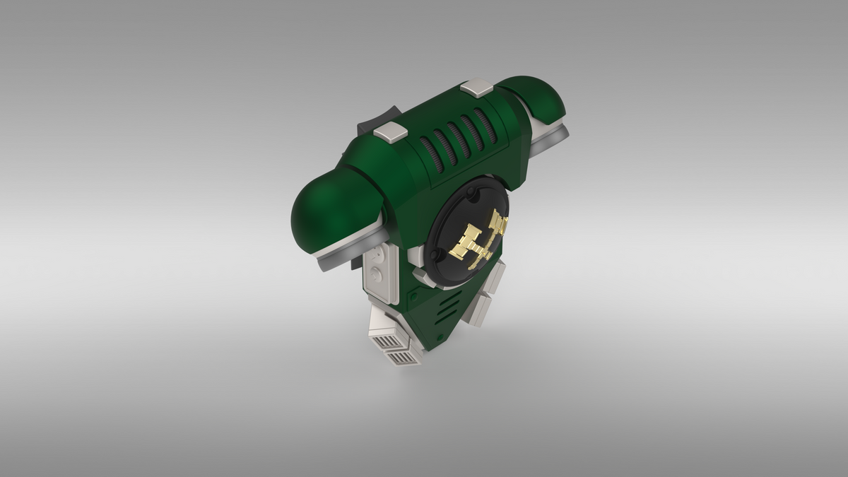 A 3D-rendered, green and silver V.10 Fire Lizards Backpack Cover Detail V.1 (3D Print | Files Only), inspired by the Galactic Warriors backpack, featuring vents and gold connectors, is viewed from above on a white background.