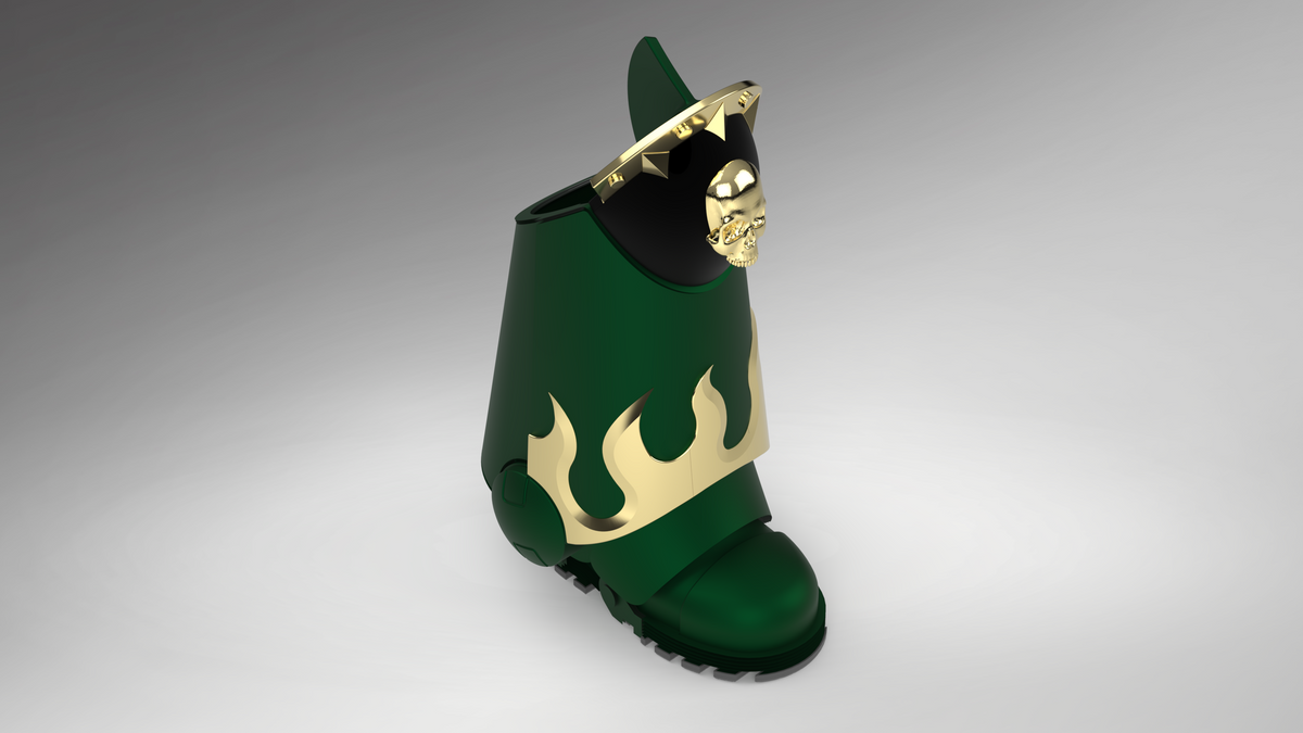 A dark green fantasy-style boot with gold flame and skull accents, shown on a neutral gray gradient background.