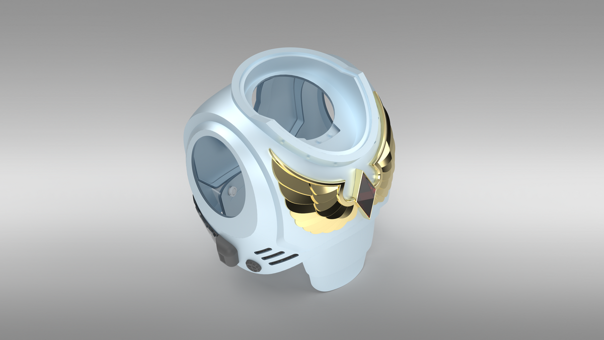 A 3D render of a futuristic helmet or mask with a light blue outer shell, gold metallic accents, and dark gray visor sections, shown on a neutral gray gradient background.
