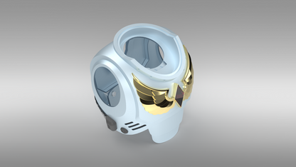 A 3D render of a futuristic helmet or mask with a light blue outer shell, gold metallic accents, and dark gray visor sections, shown on a neutral gray gradient background.