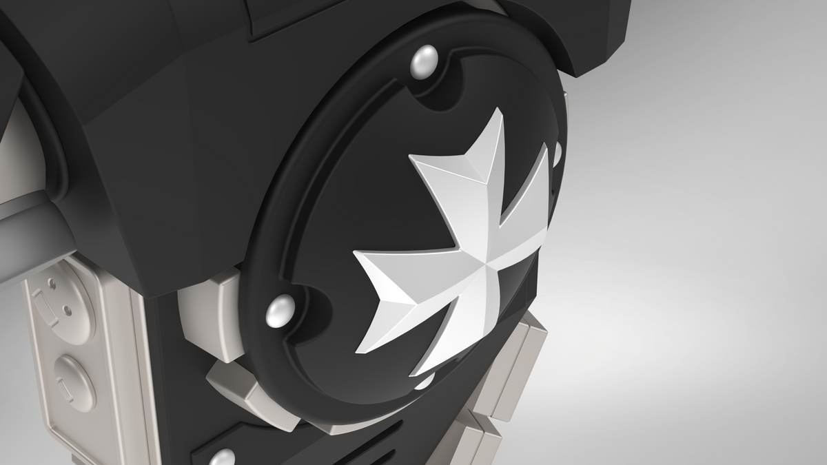 A close-up of the V.10 Grim Paladins Backpack Cover Detail V.1 (3D Print | Files Only), showcasing its black and gray design with a white, stylized cross or star emblem at the center, bold geometric shapes, and metallic accents—reminiscent of the iconic backpack pattern worn by Tactical Grim Paladins in Galactic Warriors Version 10.