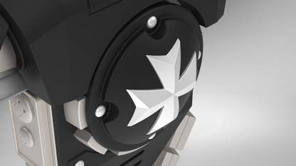 A close-up of the V.10 Grim Paladins Backpack Cover Detail V.1 (3D Print | Files Only), showcasing its black and gray design with a white, stylized cross or star emblem at the center, bold geometric shapes, and metallic accents—reminiscent of the iconic backpack pattern worn by Tactical Grim Paladins in Galactic Warriors Version 10.