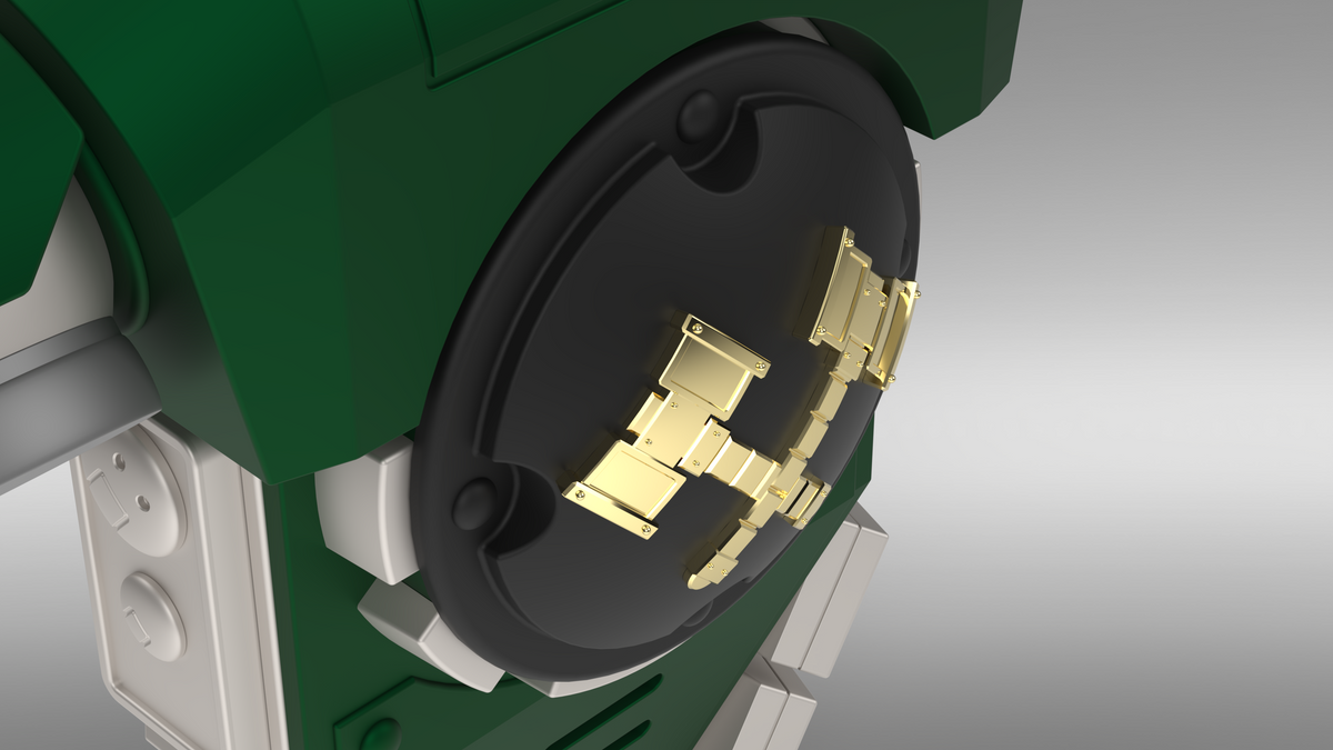 A close-up of a green and black circular mechanical component with gold rectangular accents arranged in a pattern, showcasing advanced technology inspired by the V.10 Fire Lizards Backpack Cover Detail V.1 (3D Print | Files Only), set against a gradient gray background—perfect as a digital download for any Galactic Warriors backpack enthusiast.