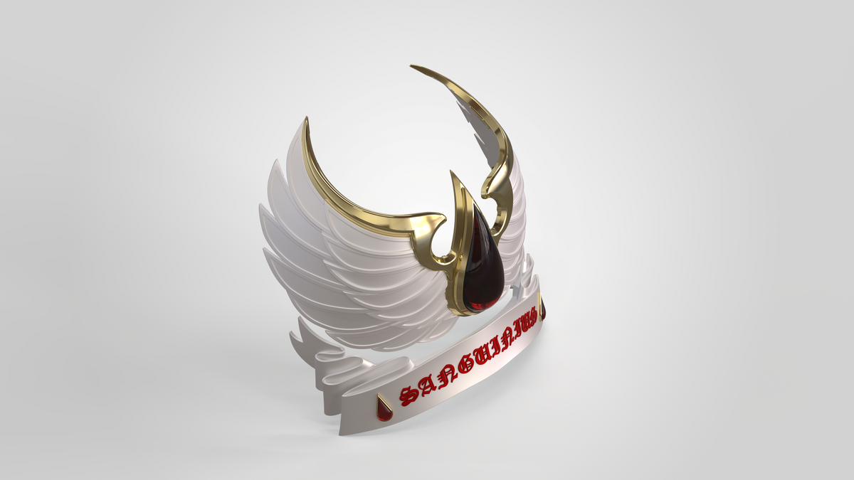 A gold and white stylized winged emblem with a black center sits above a white ribbon featuring the word SANCTUARY in red—ideal as a V.10 Crimson Celestials V.2 Shoulder Detail (3D Print | Files Only) for fans aiming to enhance their digital download collection with this Tactical insignia.