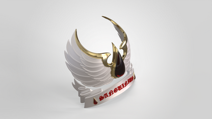A gold and white stylized winged emblem with a black center sits above a white ribbon featuring the word SANCTUARY in red—ideal as a V.10 Crimson Celestials V.2 Shoulder Detail (3D Print | Files Only) for fans aiming to enhance their digital download collection with this Tactical insignia.