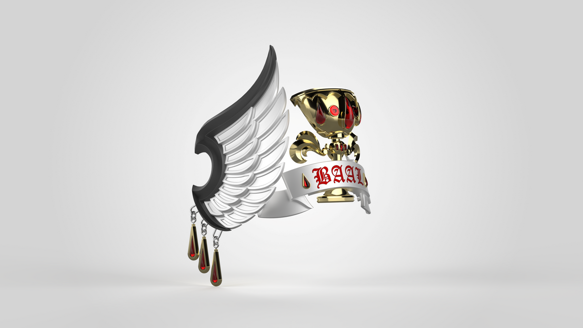 A metallic wing and goblet adorned with red gems are joined by a banner reading “BAAL,” capturing the tactical elegance of the V.10 Crimson Celestials V.1 Shoulder Detail (3D Print | Files Only). Three teardrop pendants hang from the wing, while the design—reflective of a Version 10 Remaster Arms Pattern—stands out against a sleek gray gradient background.