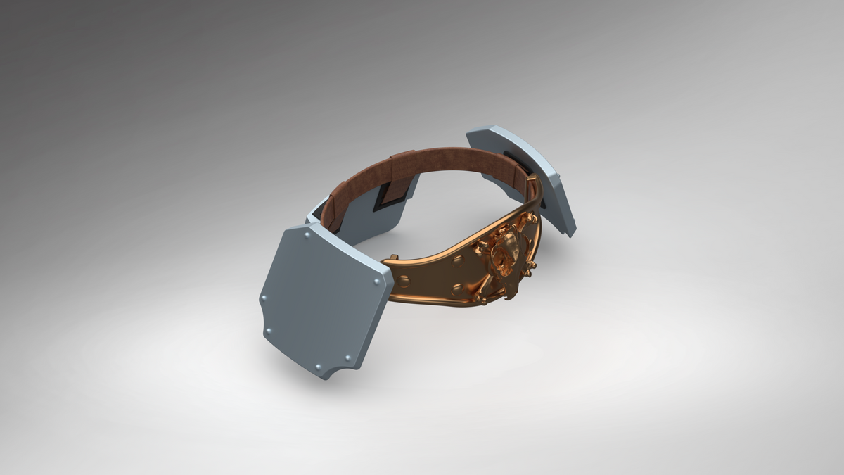 A futuristic smartwatch or fitness tracker with a wide brown leather strap, metallic bronze inner band, and large slate-blue geometric side plates, shown on a neutral gray gradient background.