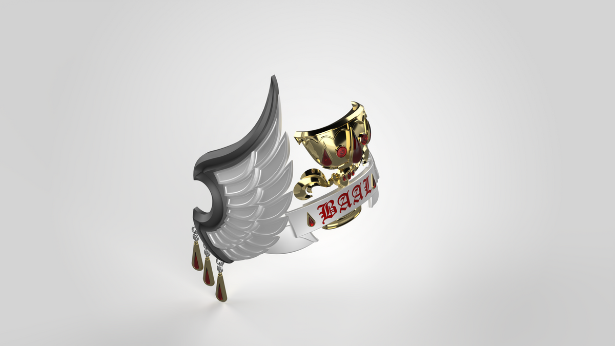 A silver wing, inspired by the V.10 Crimson Celestials V.1 Shoulder Detail (3D Print | Files Only), and a gold trophy with a white banner featuring red text and symbols. The wing features red teardrop shapes hanging from it, set against a plain light gray background.