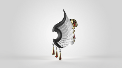 A wing-shaped metallic pendant inspired by the V.10 Crimson Celestials V.1 Shoulder Detail (3D Print | Files Only) design, showcasing black and silver elements, gold chains, and three gold teardrop charms with red accents hanging below, all presented against a plain white background.