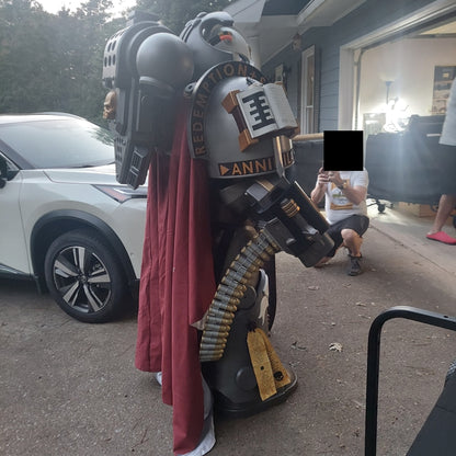 A printed model of a suit of armor designated as Silver Squires Warden armor, displayed outdoors.