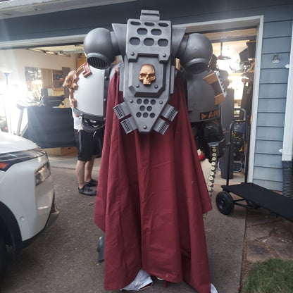 A printed model of a suit of armor designated as Silver Squires Warden armor, displayed outdoors.