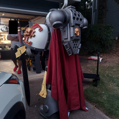 A printed model of a suit of armor designated as Silver Squires Warden armor, displayed outdoors.