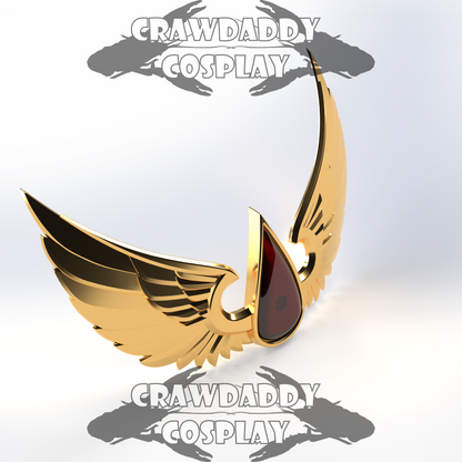 Gold and black winged design with red center on a white background, featuring 'Crawdaddy Cosplay' branding.