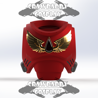 Red helmet with gold accents and a black droplet design on a white background, branded with 'Crawdaddy Cosplay'.