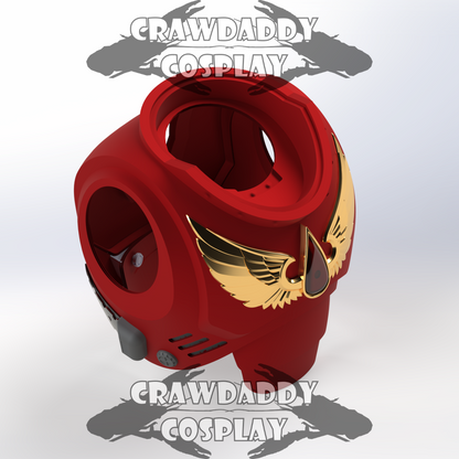 Red helmet with gold emblem on a white background, featuring 'Crawdaddy Cosplay' branding.