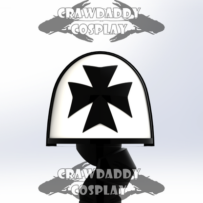 Cosplay helmet with black cross design on a white background, featuring 'Crawdaddy Cosplay' branding.