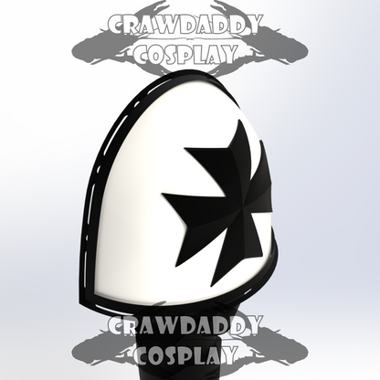 Black and white shark fin costume with 'Crawdaddy Cosplay' branding on a light gray background.