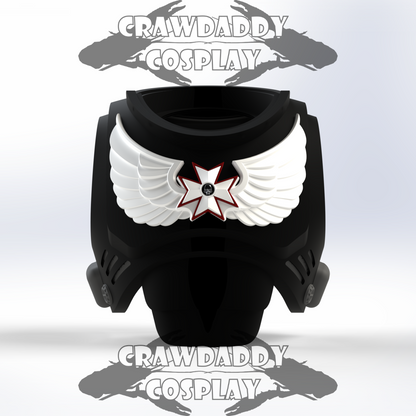 Black and white cosplay accessory with wings and a star design on a light gray background.
