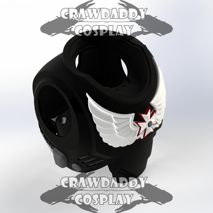 Black and white helmet with wing design and red star, branded 'Crawdaddy Cosplay'.