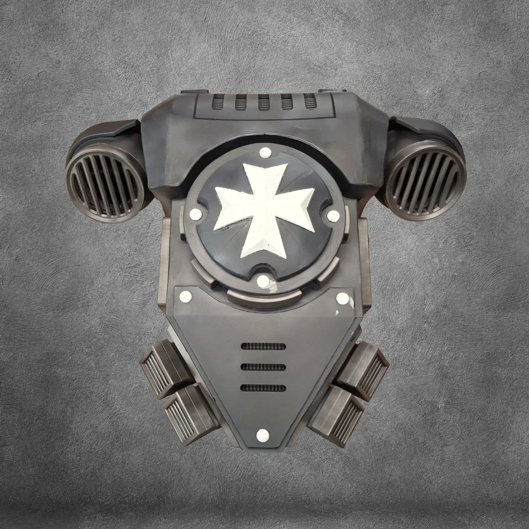 Introducing the V.10 Tactical Backpack Pattern: a black, futuristic backpack design inspired by the Galactic Warriors Tactical Remaster, featuring a prominent white eight-point star at its center, round vent-like accents on the sides, and sharp angular detailing—all meticulously crafted for advanced EVA foam artisans—presented against a gray textured background.