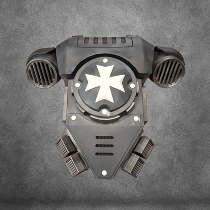 Introducing the V.10 Tactical Backpack Pattern: a black, futuristic backpack design inspired by the Galactic Warriors Tactical Remaster, featuring a prominent white eight-point star at its center, round vent-like accents on the sides, and sharp angular detailing—all meticulously crafted for advanced EVA foam artisans—presented against a gray textured background.