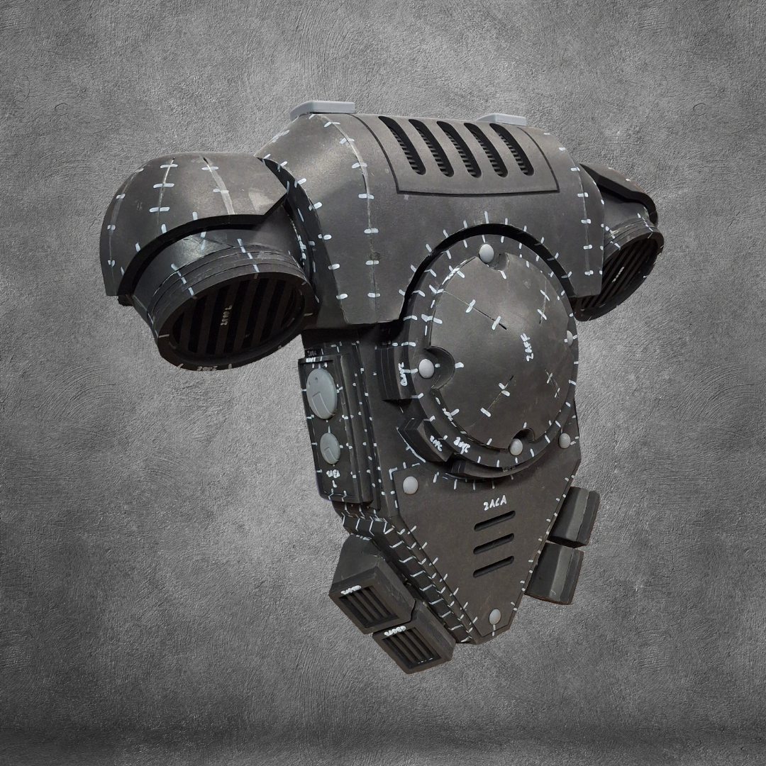 The V.10 Tactical Backpack Pattern—a futuristic, armored jetpack featuring vents, screws, and panel lines—stands out against a textured gray background. Its mechanical and sci-fi-inspired design makes it the ideal advanced EVA foam backpack template for skilled creators, especially those working on Galactic Warriors Tactical Remaster cosplay projects.