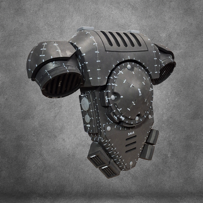 The V.10 Tactical Backpack Pattern—a futuristic, armored jetpack featuring vents, screws, and panel lines—stands out against a textured gray background. Its mechanical and sci-fi-inspired design makes it the ideal advanced EVA foam backpack template for skilled creators, especially those working on Galactic Warriors Tactical Remaster cosplay projects.