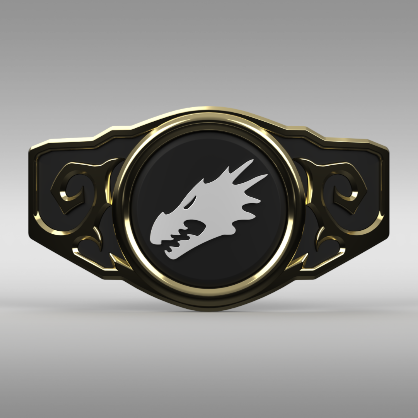 A black and gold belt buckle featuring a central circular medallion with a white dragon head emblem, set against a neutral gray gradient background.