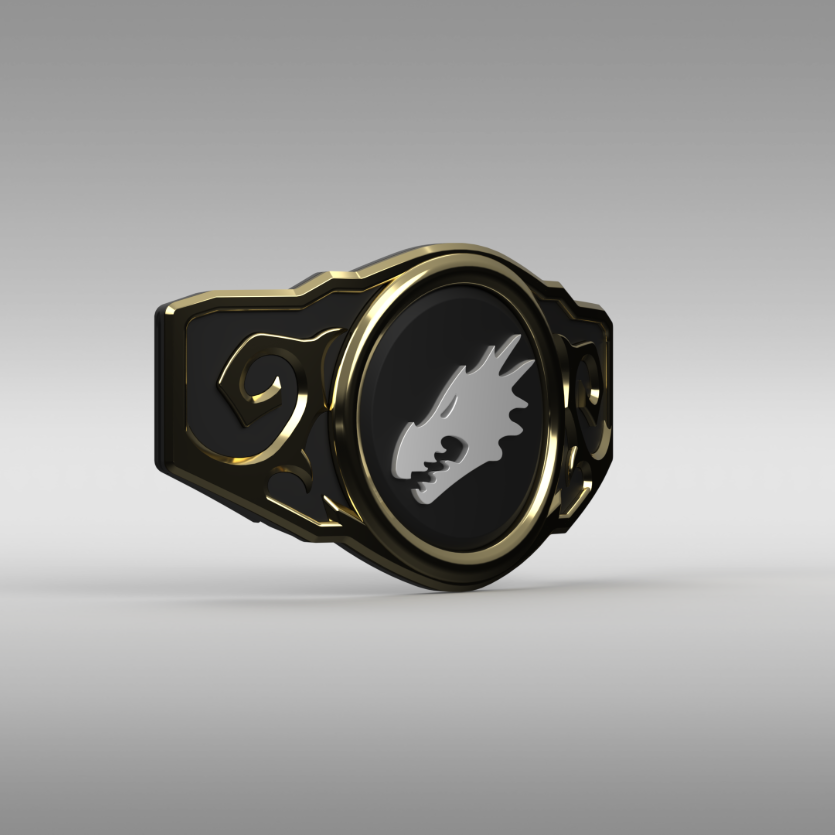 A black and gold belt buckle featuring a silver dragon head emblem in the center, displayed on a neutral gray gradient background.