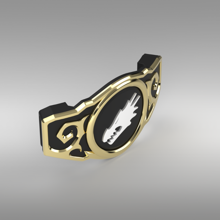 A 3D-rendered belt buckle accessory with a glossy gold frame, black interior, and a white stylized emblem in the center, shown on a smooth gray gradient background.