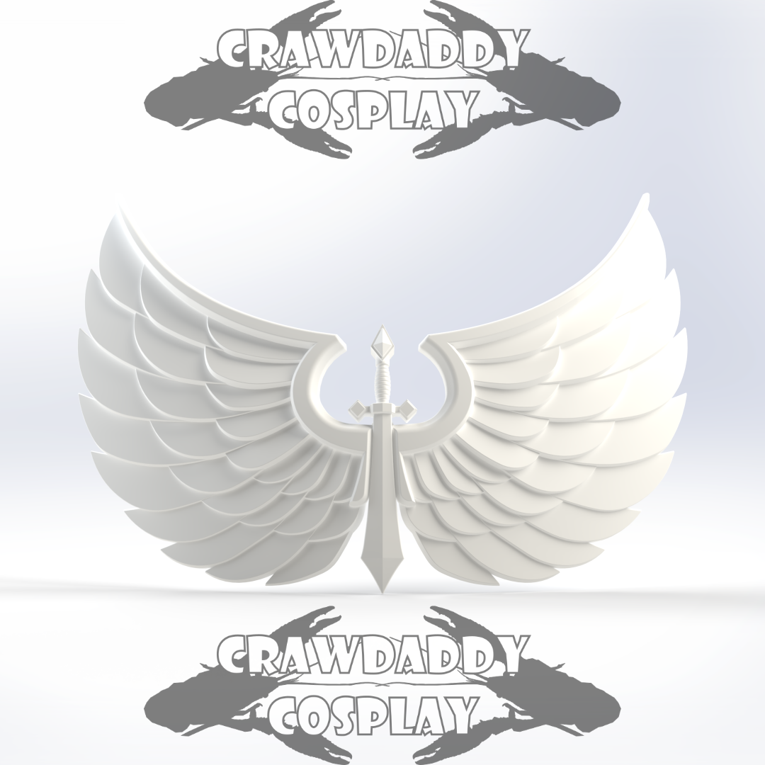 White angel wings with a central emblem on a light gray background, featuring 'Crawdaddy Cosplay' branding.