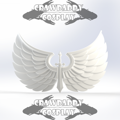 White angel wings with a central emblem on a light gray background, featuring 'Crawdaddy Cosplay' branding.