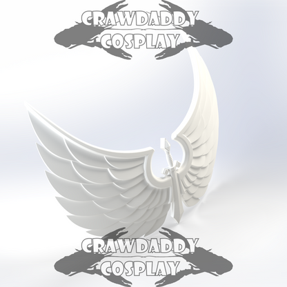 White winged figure with 'Crawdaddy Cosplay' branding on a light gray background