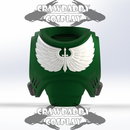 Green and white costume piece with wings on a light gray background, featuring 'Crawdaddy Cosplay' branding.