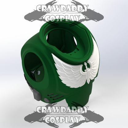 Green and white helmet with wing design on a light gray background, featuring 'Crawdaddy Cosplay' branding.