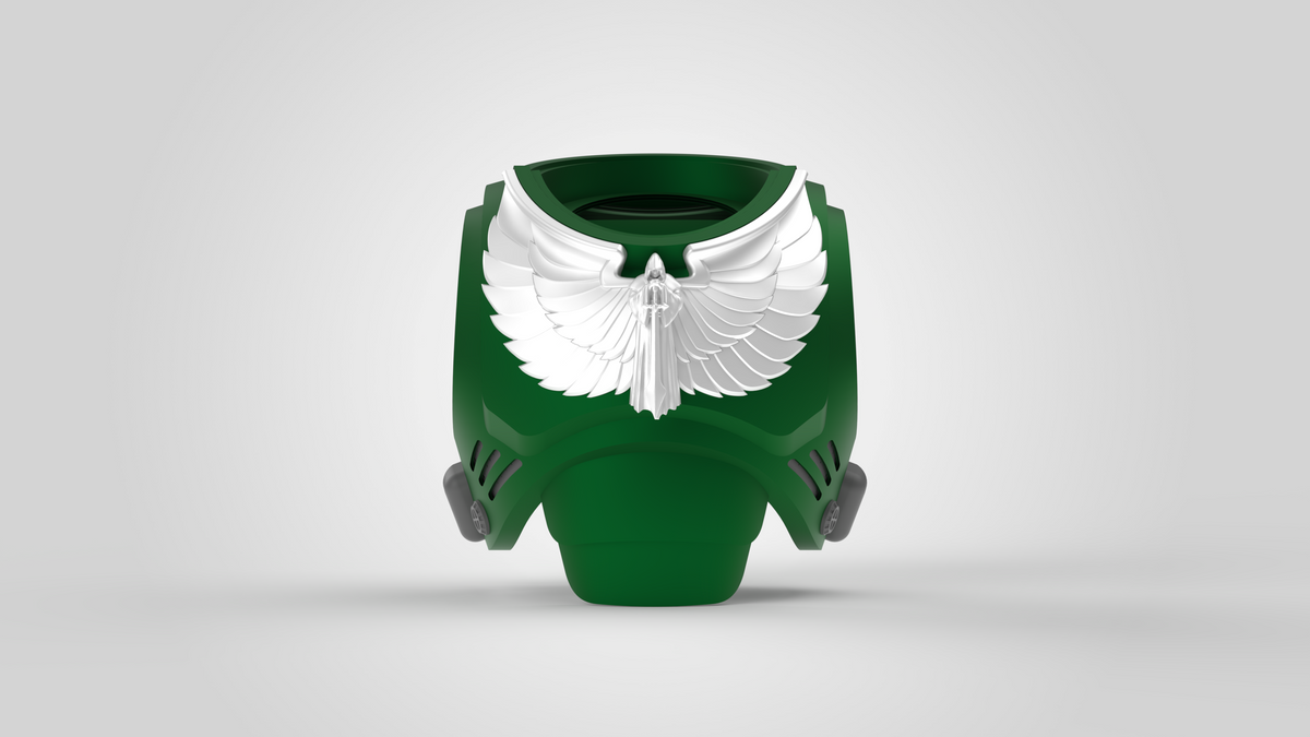 A green armored chest plate featuring a detailed white winged emblem on the front, inspired by the V.10 Gloomy Celestials V.2 Chest Detail (3D Print | Files Only) design, displayed from a front view against a plain light gray background.