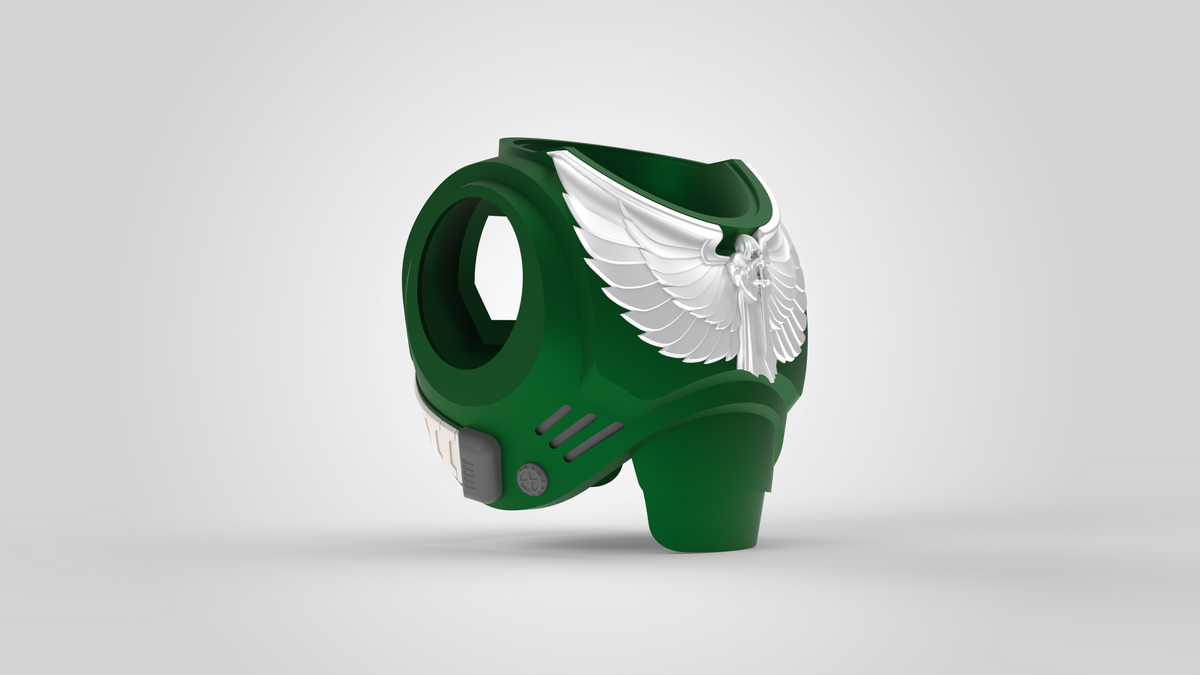 A green, futuristic armored chest detail featuring a prominent white winged emblem on the front, based on the V.10 Gloomy Celestials V.2 Chest Detail (3D Print | Files Only) design, displayed against a plain light gray background.