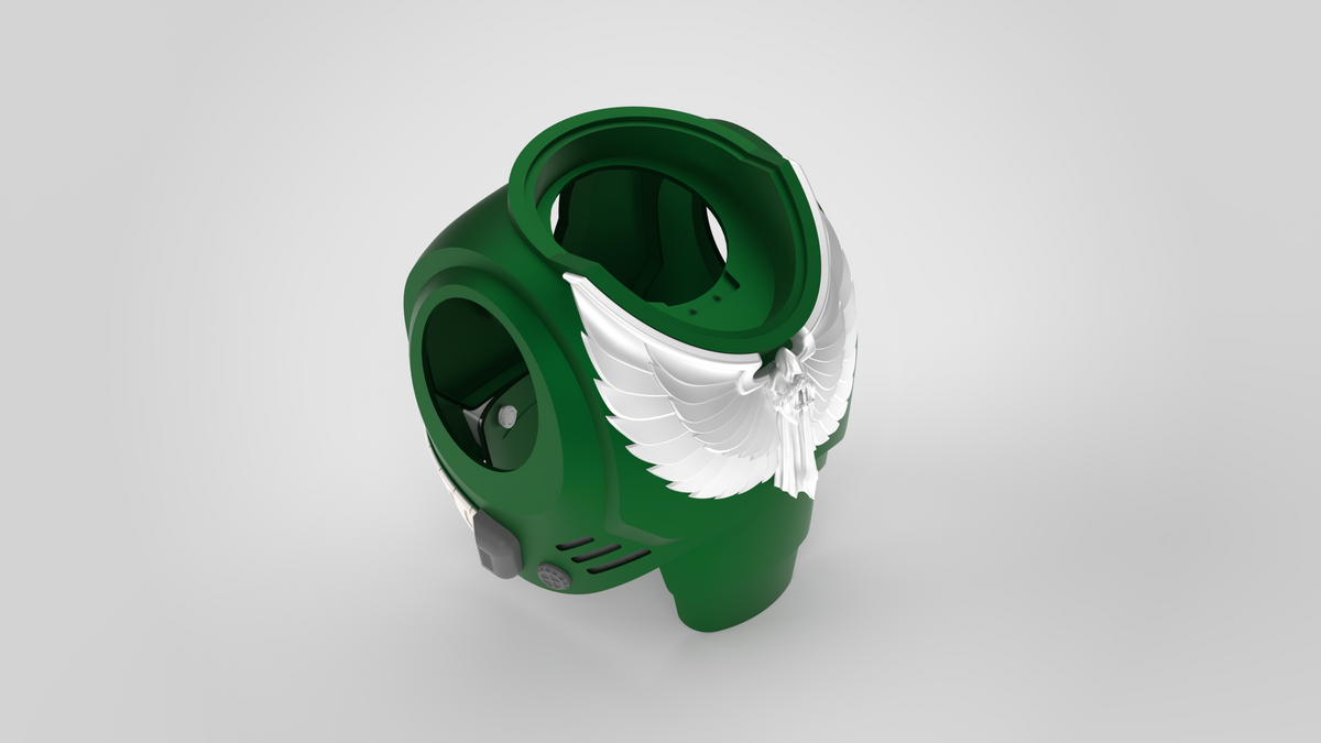 A green, futuristic armor chest piece featuring a prominent white wing motif on the front is displayed from above against a plain light background—this 3D-printable V.10 Gloomy Celestials V.2 Chest Detail (Files Only) highlights sleek modern contours and meticulous craftsmanship.