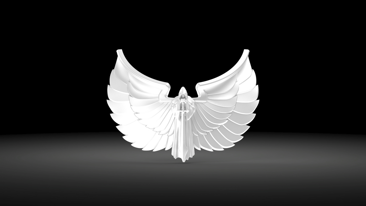 A white, stylized angel statue with large, curved wings stands on a dark, shadowed background, inspired by the V.10 Gloomy Celestials V.2 Chest Detail (3D Print | Files Only) aesthetic.