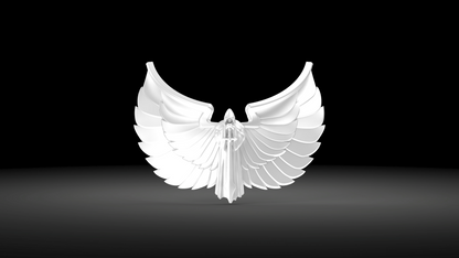 A white, stylized angel statue with large, curved wings stands on a dark, shadowed background, inspired by the V.10 Gloomy Celestials V.2 Chest Detail (3D Print | Files Only) aesthetic.