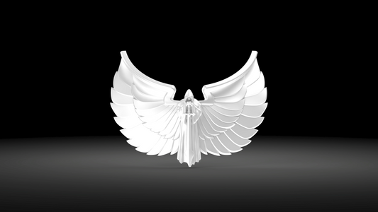 A white, stylized angel statue with large, curved wings stands on a dark, shadowed background, inspired by the V.10 Gloomy Celestials V.2 Chest Detail (3D Print | Files Only) aesthetic.