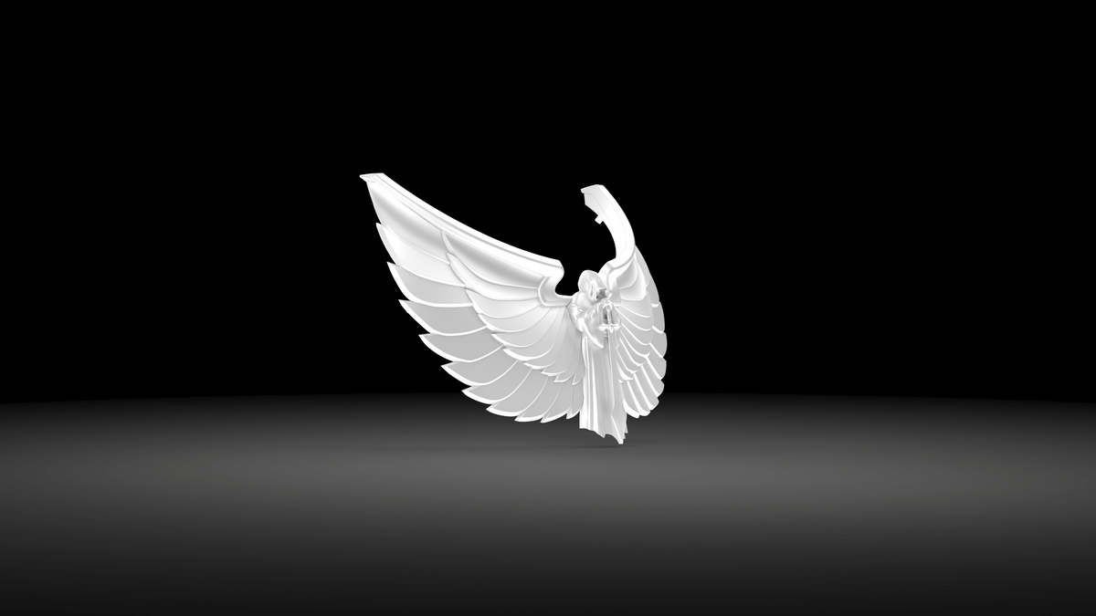 A white, stylized angel with expansive, intricately detailed wings stands centered against a dark gradient background—a striking vision reminiscent of the V.10 Gloomy Celestials V.2 Chest Detail (3D Print | Files Only), evoking the grandeur and sophistication found in its remastered 3D patterns.