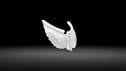 A white, stylized angel with expansive, intricately detailed wings stands centered against a dark gradient background—a striking vision reminiscent of the V.10 Gloomy Celestials V.2 Chest Detail (3D Print | Files Only), evoking the grandeur and sophistication found in its remastered 3D patterns.