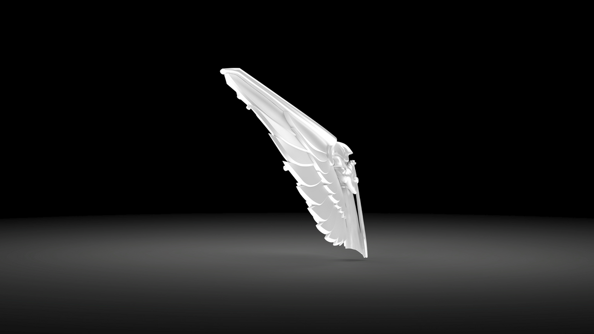 A single, white, stylized wing sculpture stands upright on a dark, gradient background with dramatic lighting, its elegant form echoing the intricate details found in the V.10 Gloomy Celestials V.2 Chest Detail (3D Print | Files Only) design.