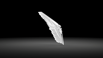 A single, white, stylized wing sculpture stands upright on a dark, gradient background with dramatic lighting, its elegant form echoing the intricate details found in the V.10 Gloomy Celestials V.2 Chest Detail (3D Print | Files Only) design.